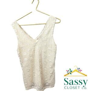 Banana Republic Ivory Lace Double V Neck Lined Sleeveless Top Women’s M EUC